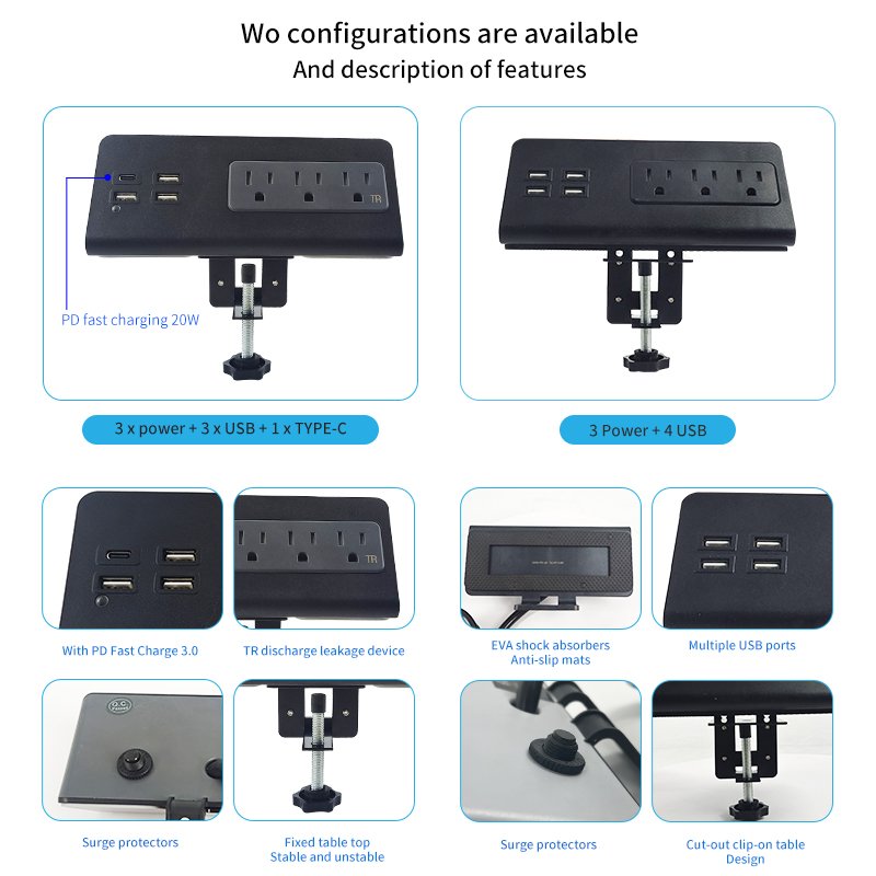 US Multi-Plug Desk Clip Desk Socket PD 20w Fast Charge Desk Socket Outlet