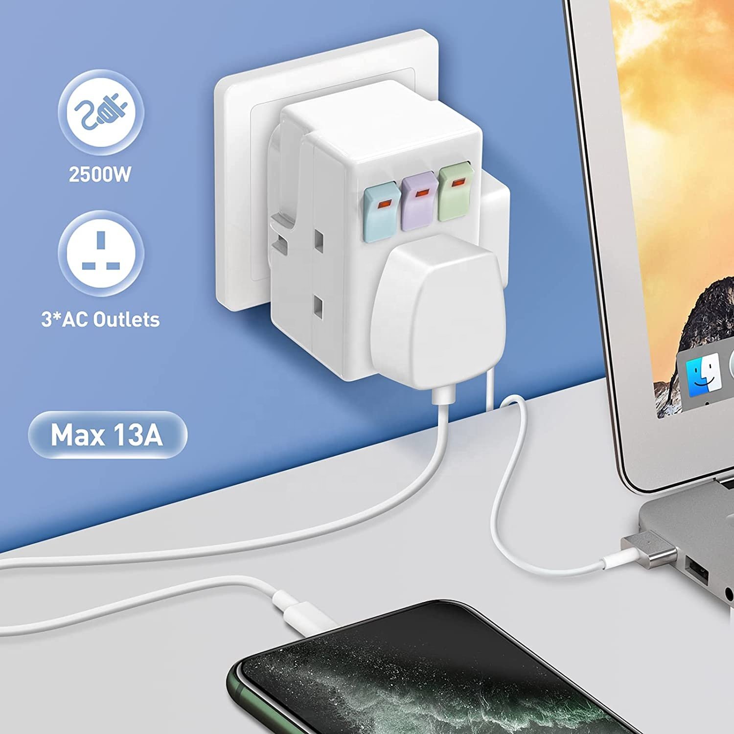 UK Extension Socket Three-phase Independent Switch EU Plug ABS Power Customized SDK Home 13A Ac100~250v White 16A 3 Outlets 120g
