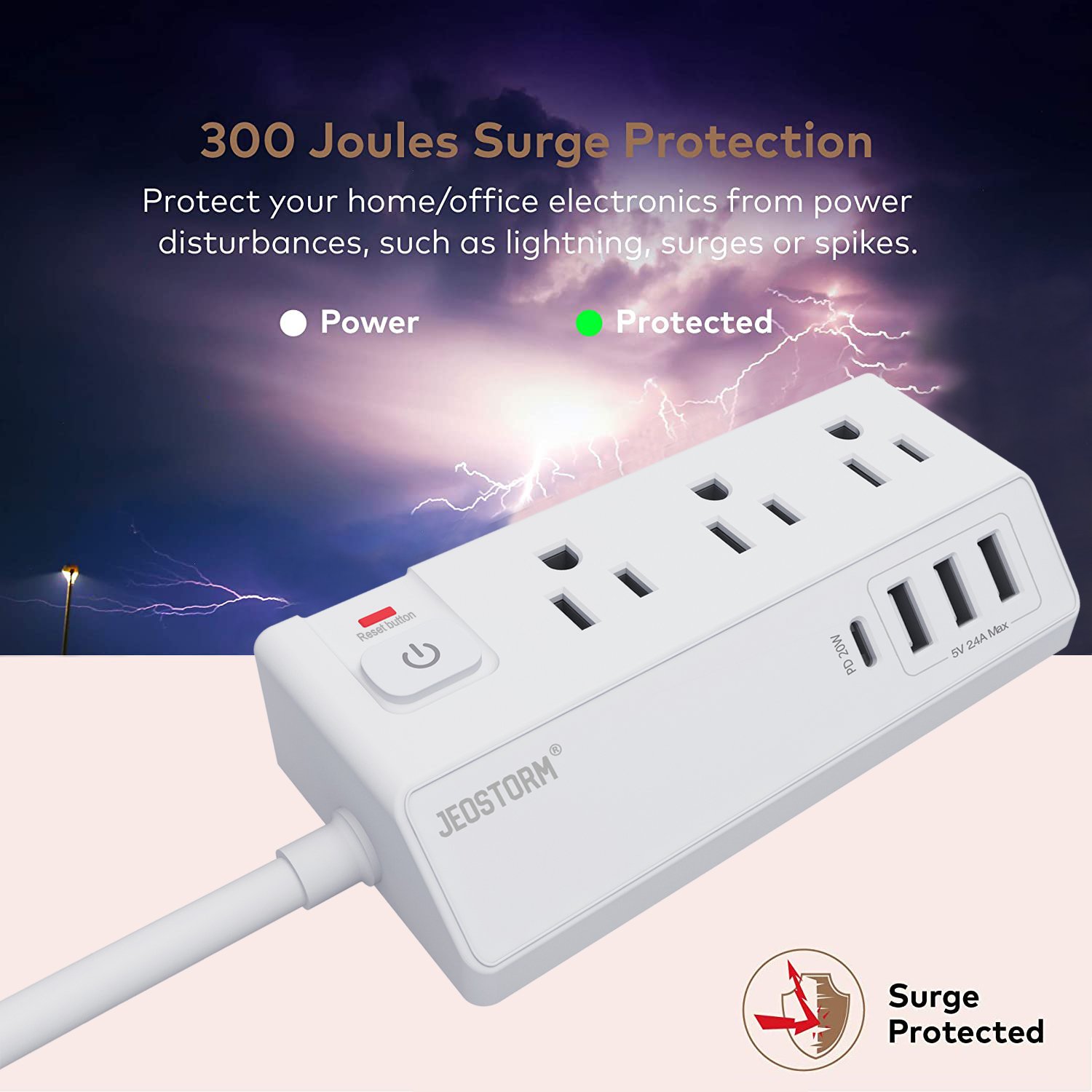 Multi Plug USA Electrical Socket 3 AC Outlet 4 USB Ports Wall Mount Socket 300J Surge Protector Power Strip With Master Switch