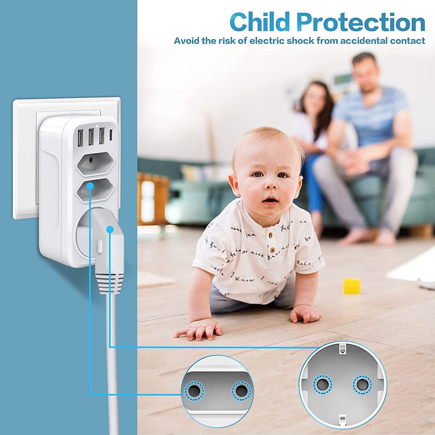 EU Power Strip with USB Charger Single 3-in-3 Socket Adapter Plug German Standard Type-C OEM Customizable