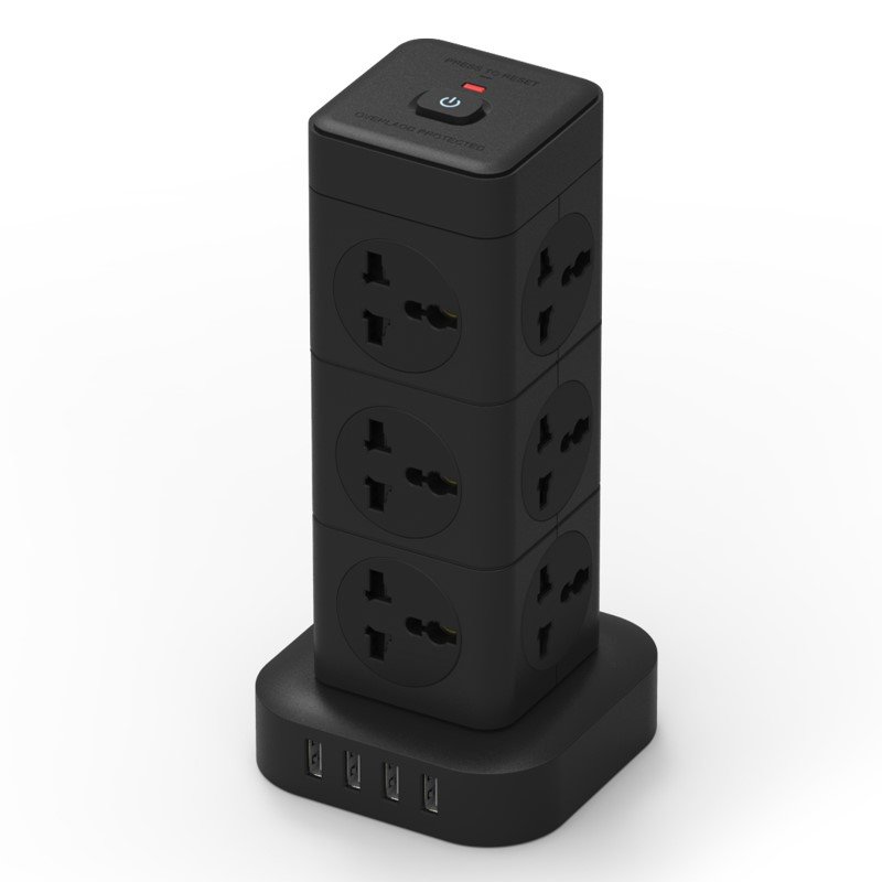 Multi-plug Extension Socket With USB, UK EU US plug Tower Socket with 4 USB slots