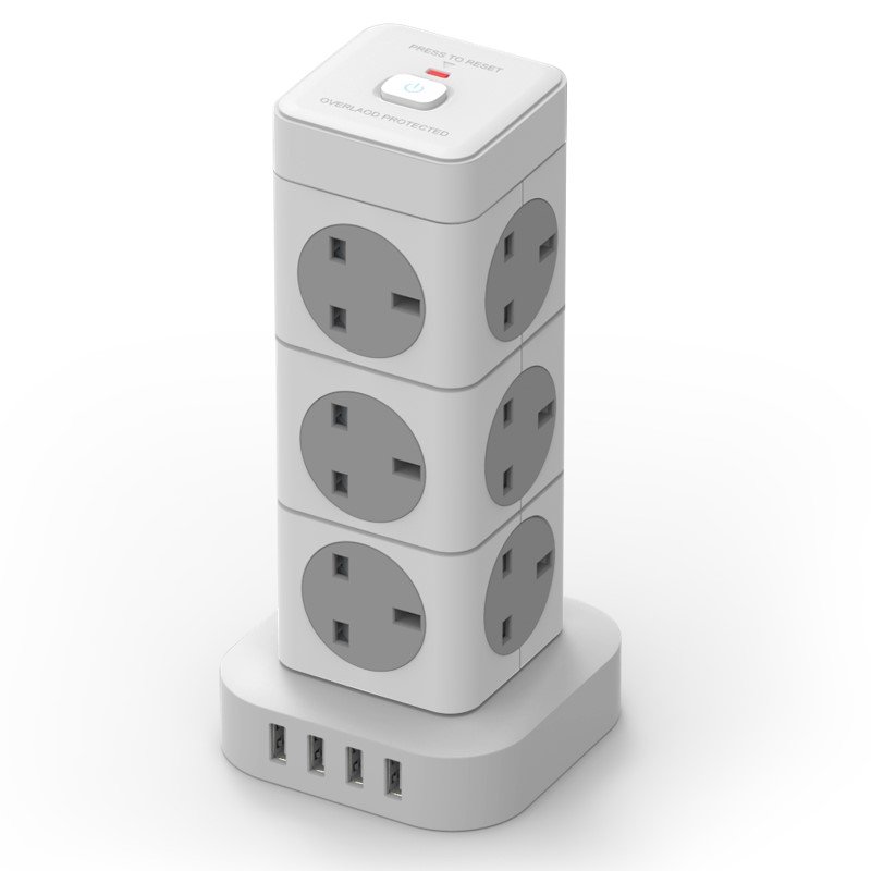 Multi-plug Extension Socket With USB, UK EU US plug Tower Socket with 4 USB slots