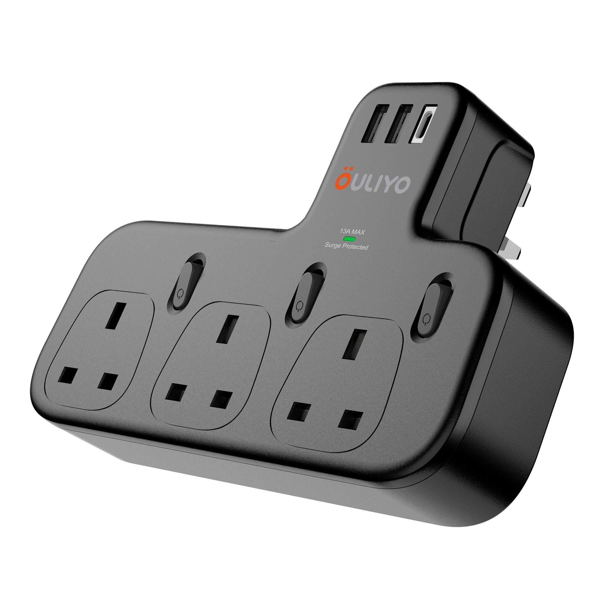 3 Way Plug Adapter UK, Multi Plug Extension with 3 USB, 13A 3250W Wall Socket Power Extender Wall Multi plug Charger Adaptor