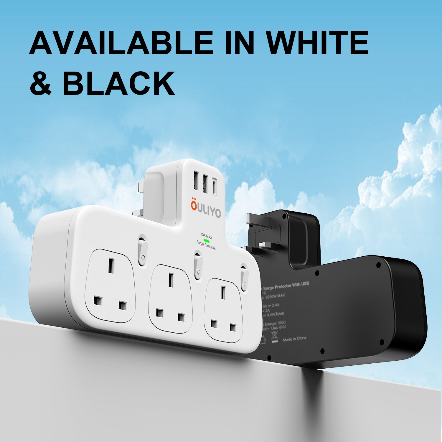 3 Way Plug Adapter UK, Multi Plug Extension with 3 USB, 13A 3250W Wall Socket Power Extender Wall Multi plug Charger Adaptor