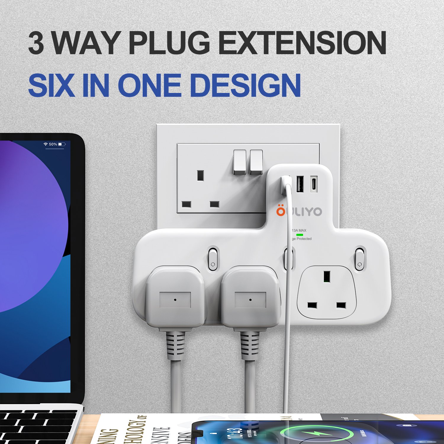 3 Way Plug Adapter UK, Multi Plug Extension with 3 USB, 13A 3250W Wall Socket Power Extender Wall Multi plug Charger Adaptor