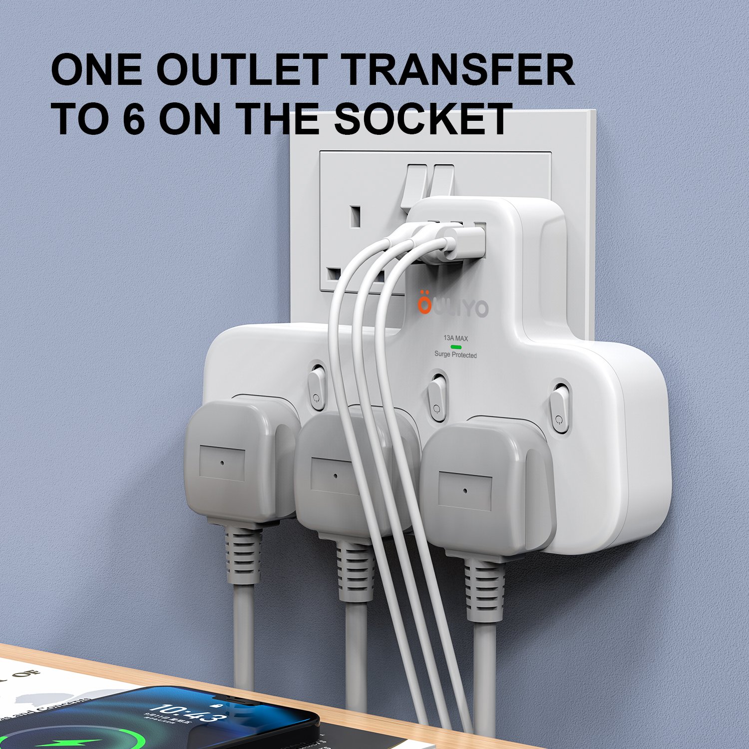 3 Way Plug Adapter UK, Multi Plug Extension with 3 USB, 13A 3250W Wall Socket Power Extender Wall Multi plug Charger Adaptor