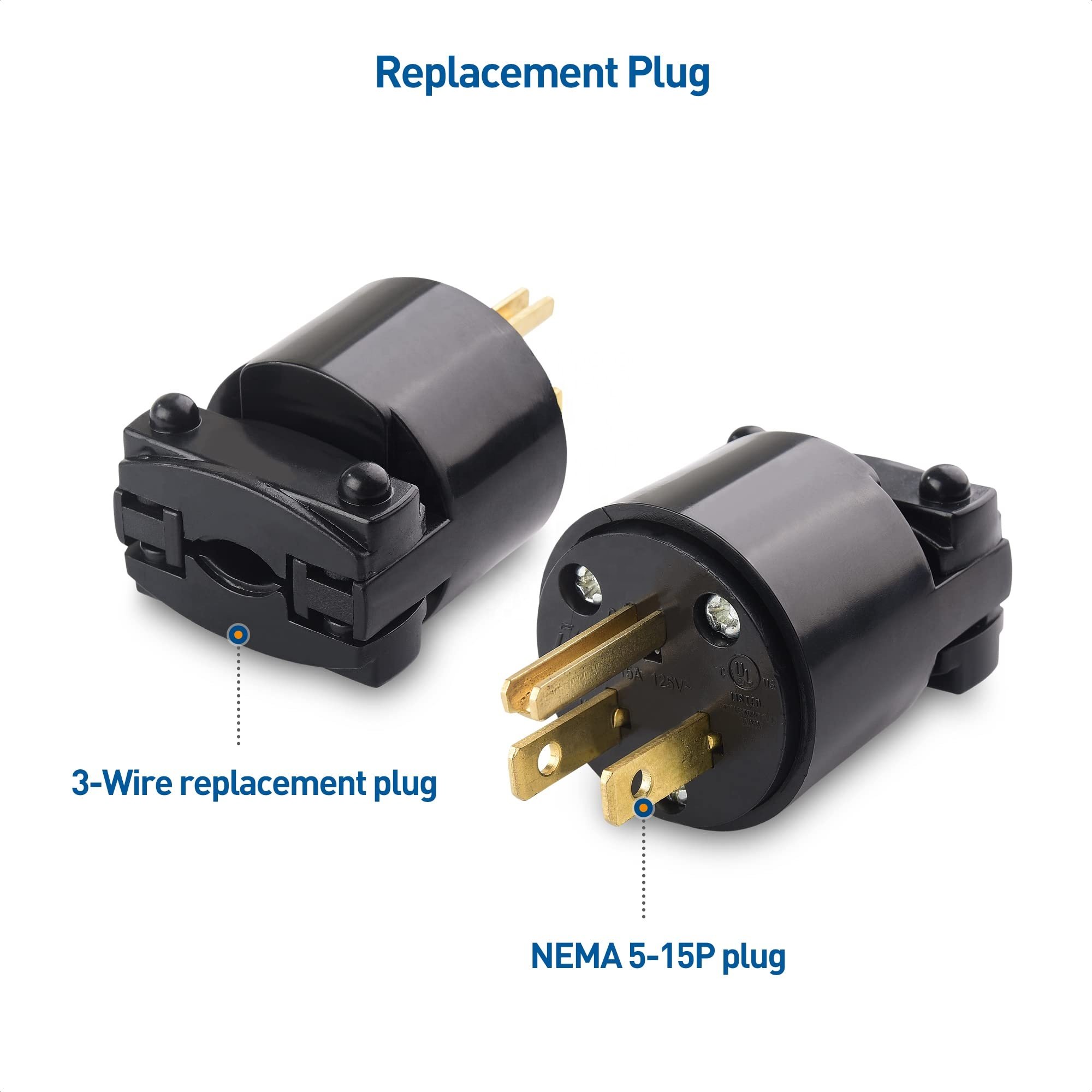 15A 125V 3 Prong Replacement Plug 2 Pole 3 Wire NEMA 5-15P Straight Blade Electrical Plug