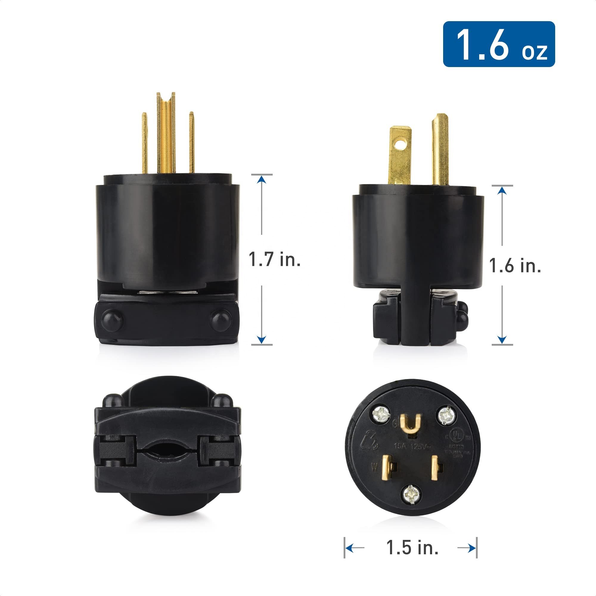 15A 125V 3 Prong Replacement Plug 2 Pole 3 Wire NEMA 5-15P Straight Blade Electrical Plug
