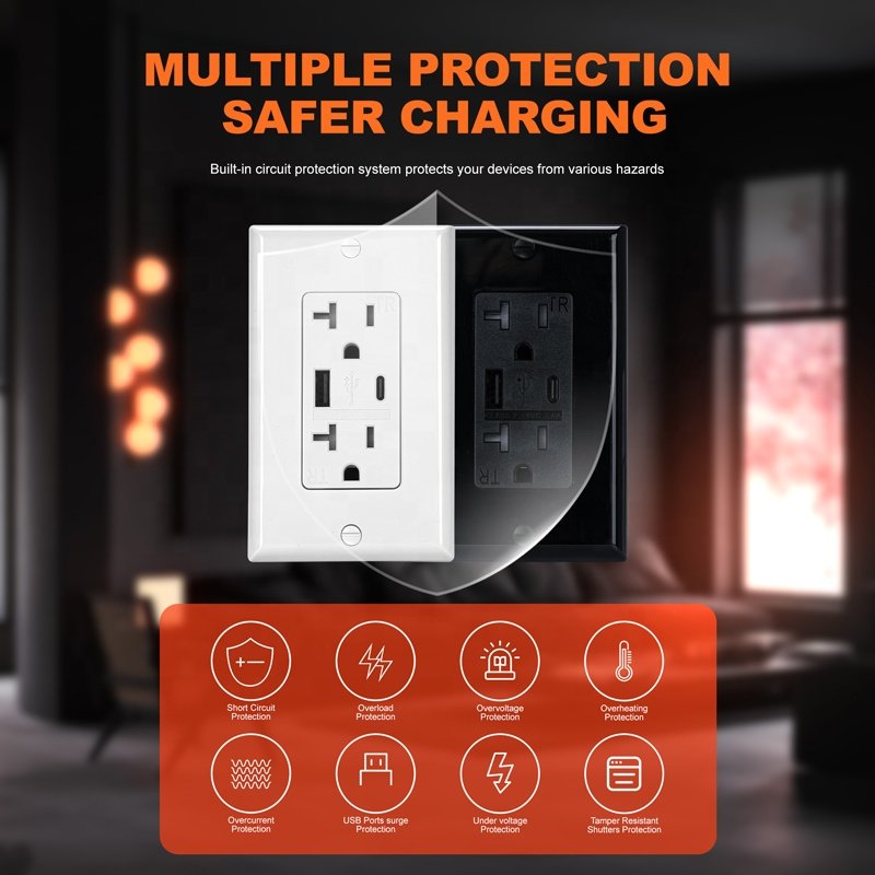 20A 125V 6 Pin Wall Electrical Power USB Socket US Standard Duplex Receptacle With USB C USB A Plug Socket