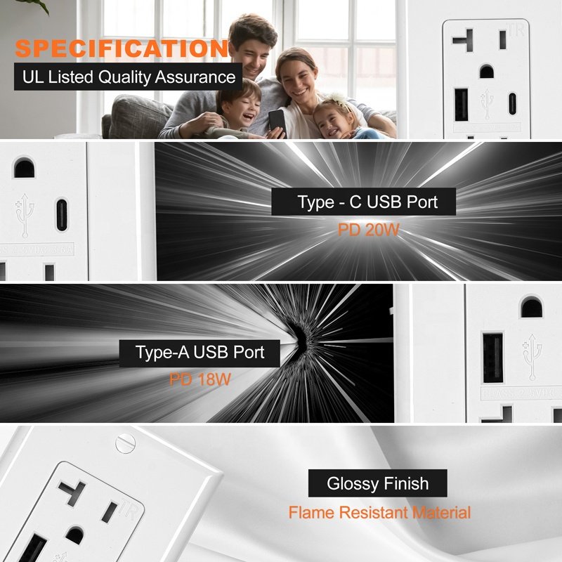 20A 125V 6 Pin Wall Electrical Power USB Socket US Standard Duplex Receptacle With USB C USB A Plug Socket
