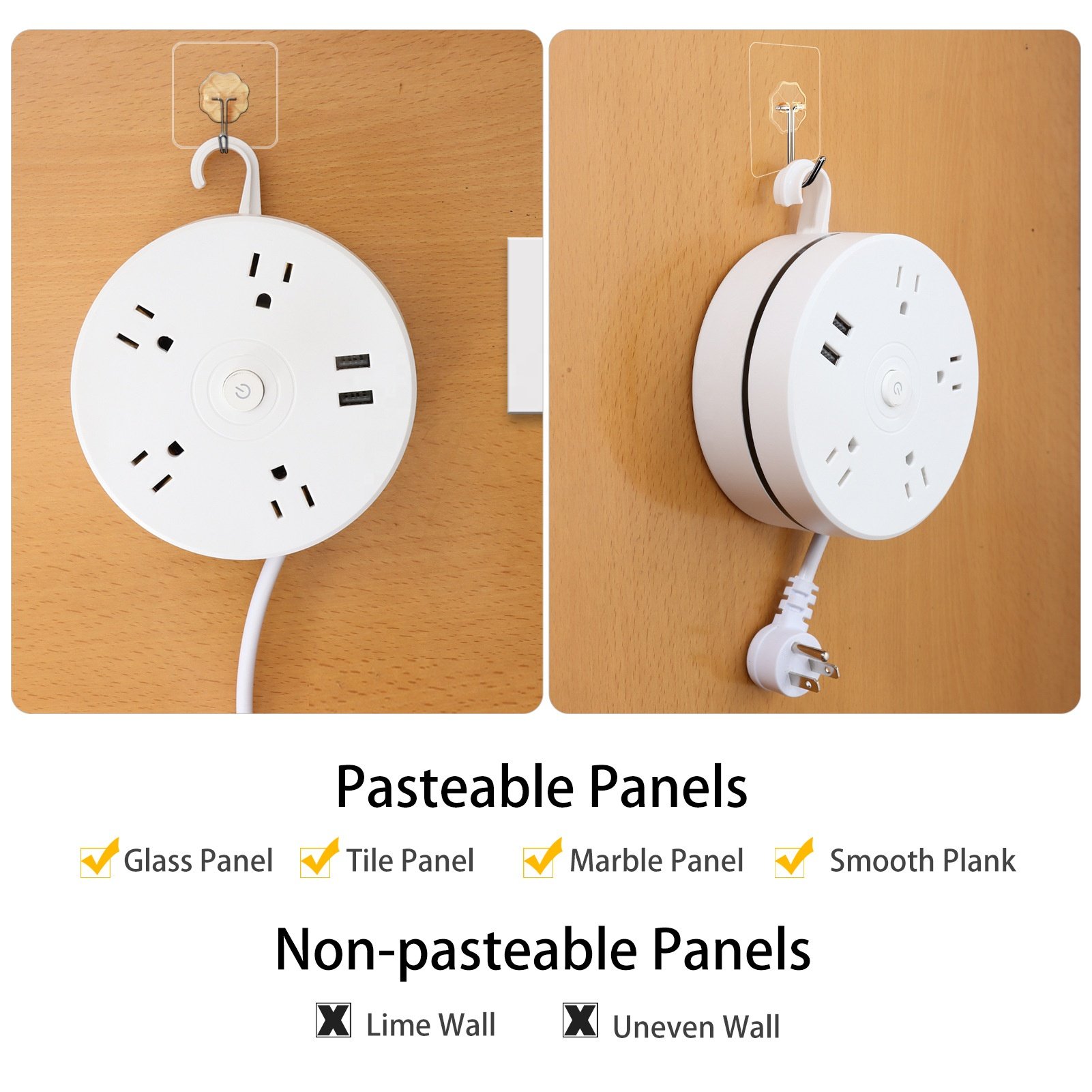 US Standard Round Outlet Extender Hotel Office Home Kitchen Outlet Extension Power Strip 2USB 4Outlets Plug Adapter Room Saving