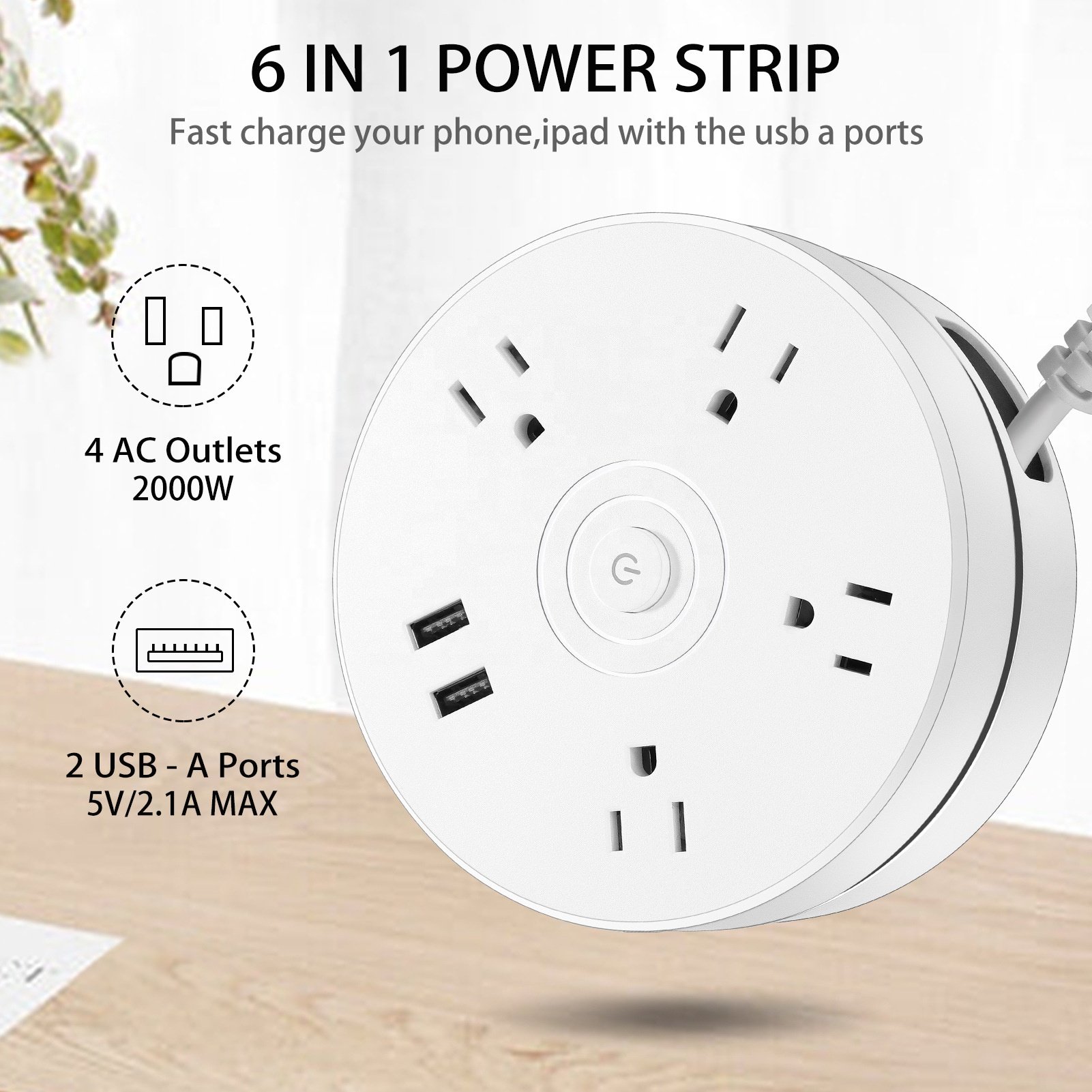 US Standard Round Outlet Extender Hotel Office Home Kitchen Outlet Extension Power Strip 2USB 4Outlets Plug Adapter Room Saving