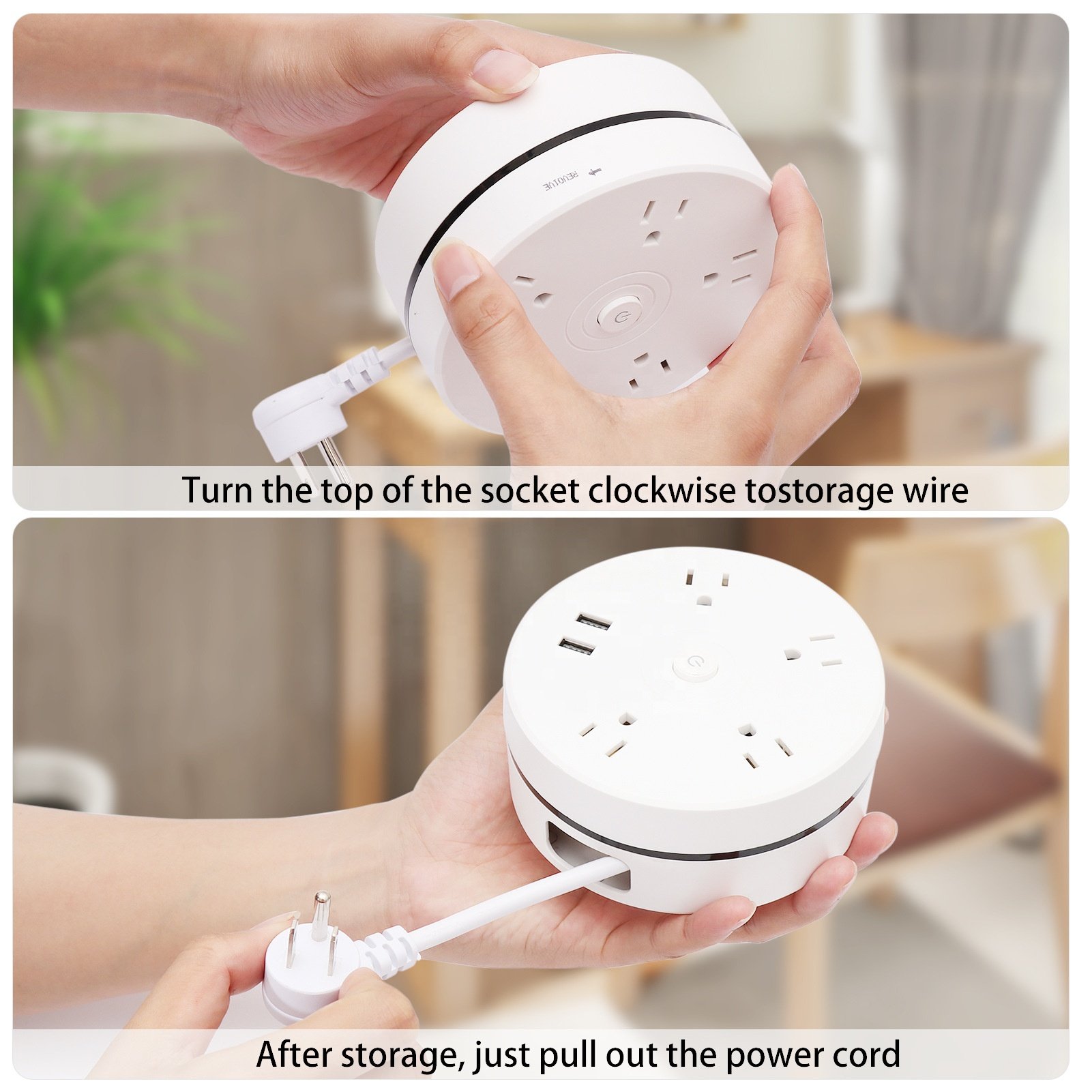 US Standard Round Outlet Extender Hotel Office Home Kitchen Outlet Extension Power Strip 2USB 4Outlets Plug Adapter Room Saving