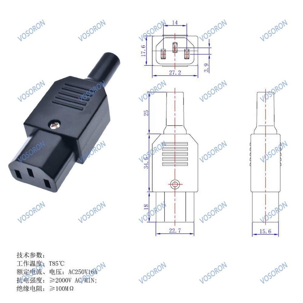 IEC Straight Cable Plug Connector C13 C14 16A 250V Black female&male Plug Rewireable Power Connector 3 pin AC Socket