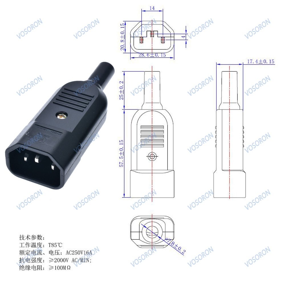 IEC Straight Cable Plug Connector C13 C14 16A 250V Black female&male Plug Rewireable Power Connector 3 pin AC Socket