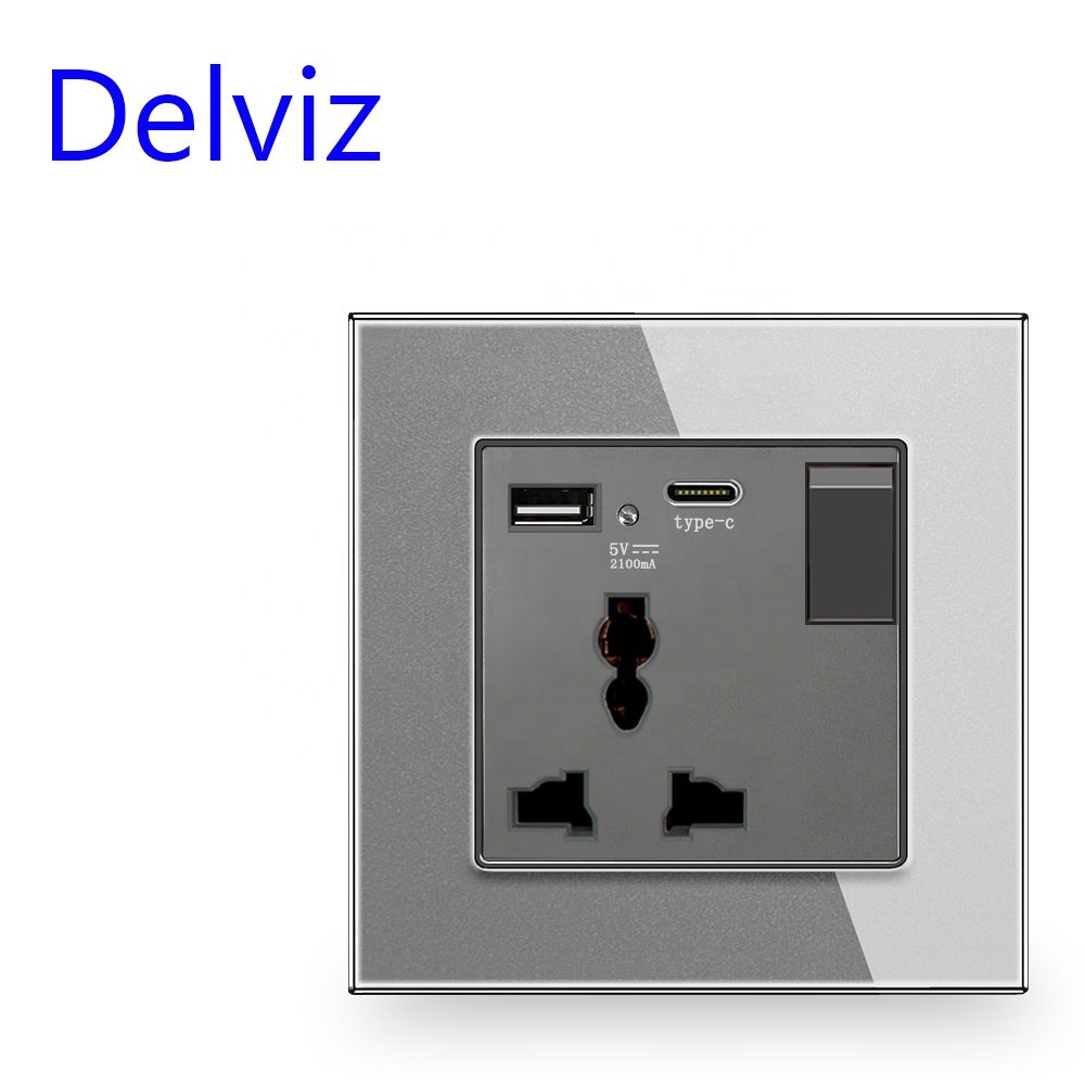 Delviz Crystal Glass Panel, 13A Electric plug Outlet, 2A USB C Port, With Switch control Type C USB Wall Universal Power Socket