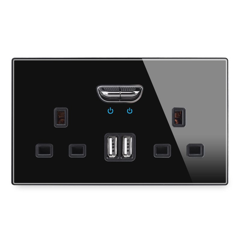 LangYeao UK Black Wall Switch Socket Full Glass Single Twin 13A Plug Outlet Double USB Charge Good Quality Socket