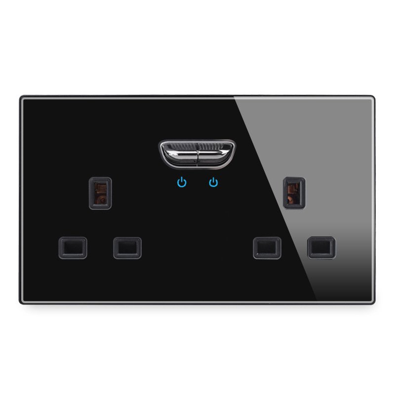 LangYeao UK Black Wall Switch Socket Full Glass Single Twin 13A Plug Outlet Double USB Charge Good Quality Socket