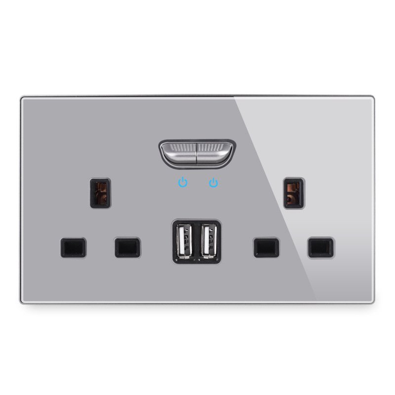LangYeao UK Black Wall Switch Socket Full Glass Single Twin 13A Plug Outlet Double USB Charge Good Quality Socket