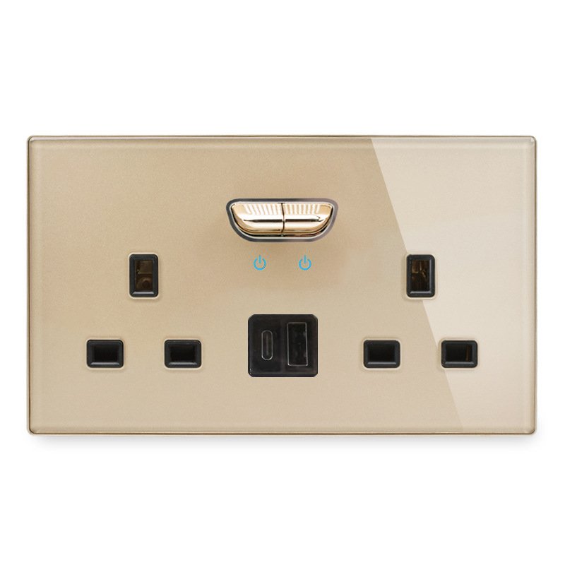 LangYeao UK Black Wall Switch Socket Full Glass Single Twin 13A Plug Outlet Double USB Charge Good Quality Socket