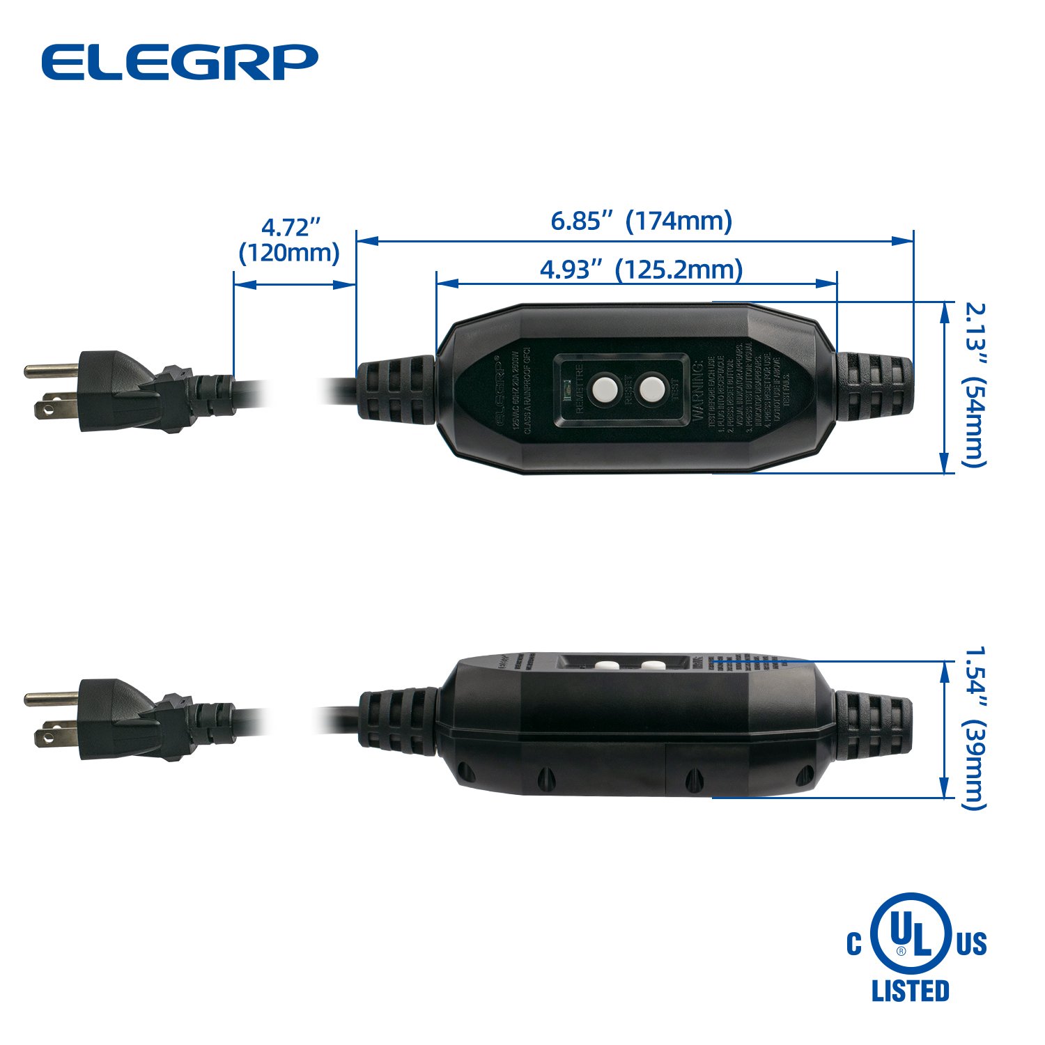 15 Amp Manual Reset 3 Prong self-test In-line Portable GFCI extension cord Right Angle GFCI Plug