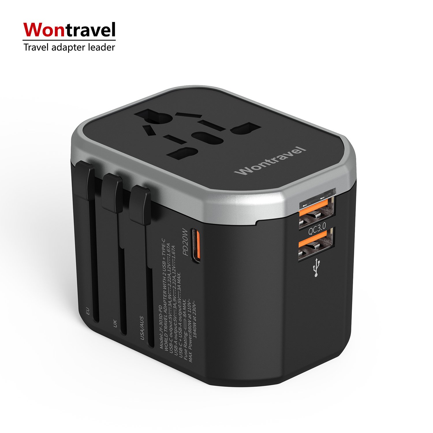 Wontravel New 2 USB Travel Plug Socket 20W PD Fast Charging Multi Worldwide Travel Adapter with Type C