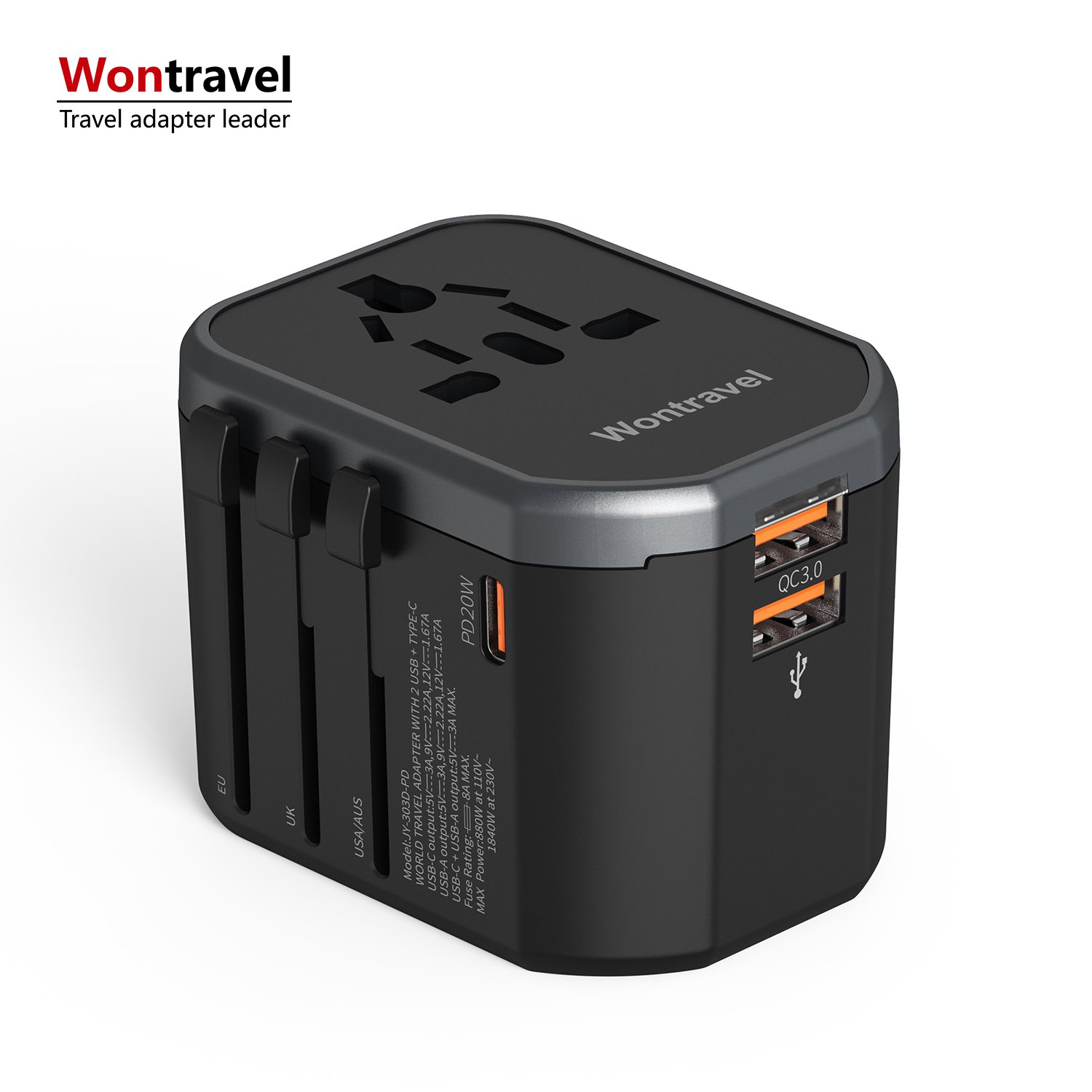 Wontravel New 2 USB Travel Plug Socket 20W PD Fast Charging Multi Worldwide Travel Adapter with Type C