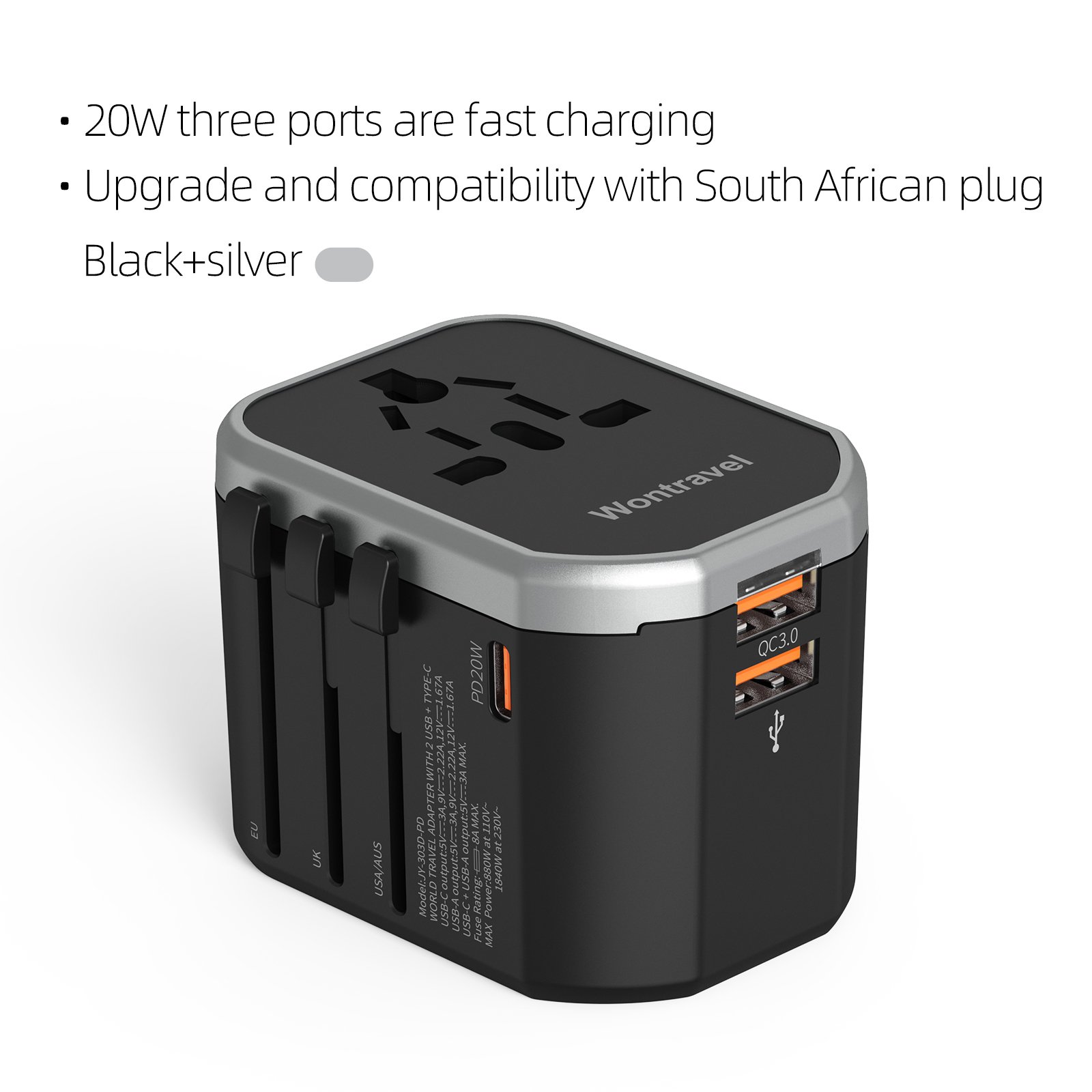 Wontravel New 2 USB Travel Plug Socket 20W PD Fast Charging Multi Worldwide Travel Adapter with Type C