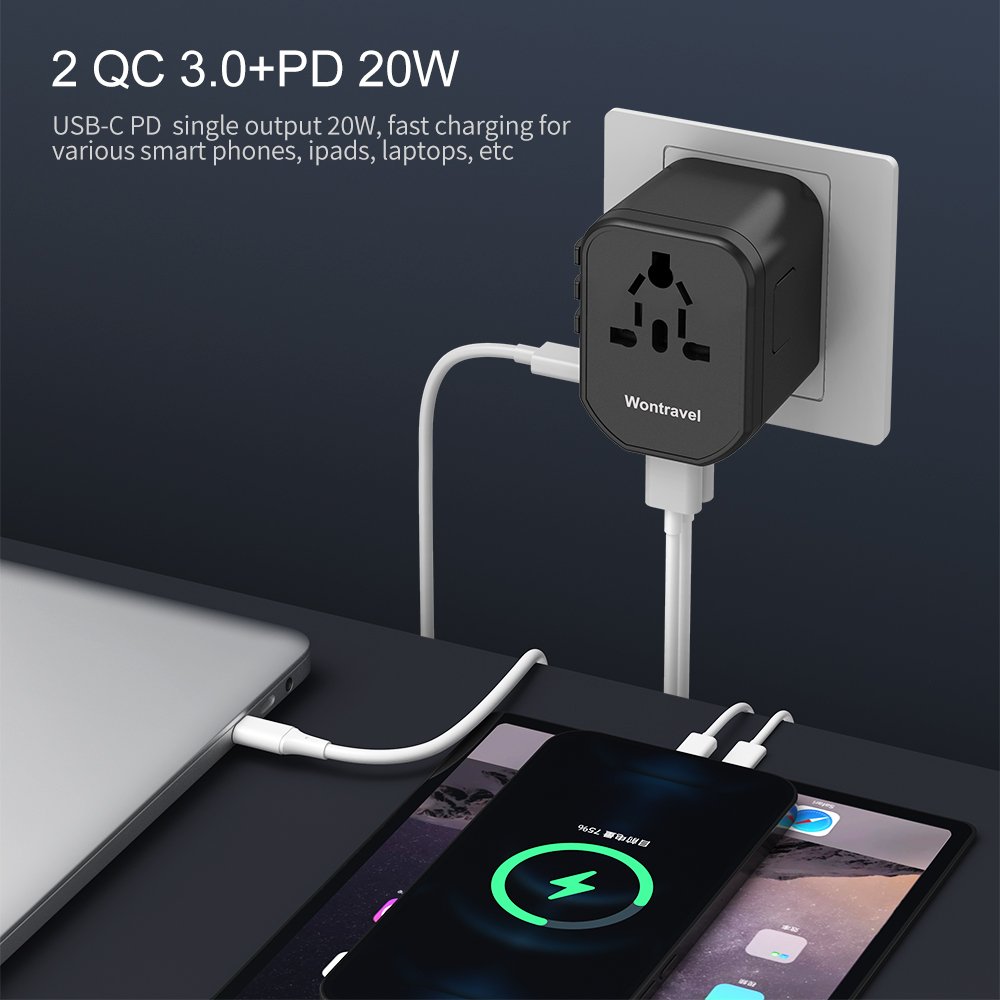 Wontravel New 2 USB Travel Plug Socket 20W PD Fast Charging Multi Worldwide Travel Adapter with Type C