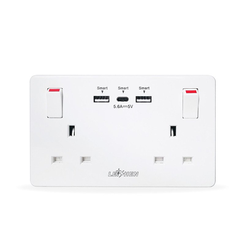 Leishen Google Home Double Gang Power Wall Plug Uk 3 Usb Charging 5v 3.1a Smart Outlet Usb Wall Socket