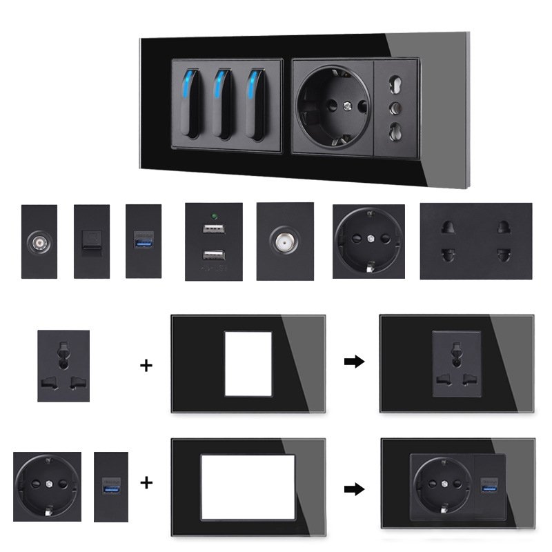 FR EU UK Socket TV Network SA Socket Type C USB 1 2 3 4 Gang 2 Way Push Reset Button Switch Glass Panel DIY Free Combination