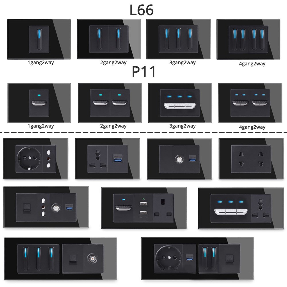 FR EU UK Socket TV Network SA Socket Type C USB 1 2 3 4 Gang 2 Way Push Reset Button Switch Glass Panel DIY Free Combination