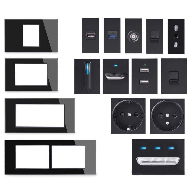 FR EU UK Socket TV Network SA Socket Type C USB 1 2 3 4 Gang 2 Way Push Reset Button Switch Glass Panel DIY Free Combination