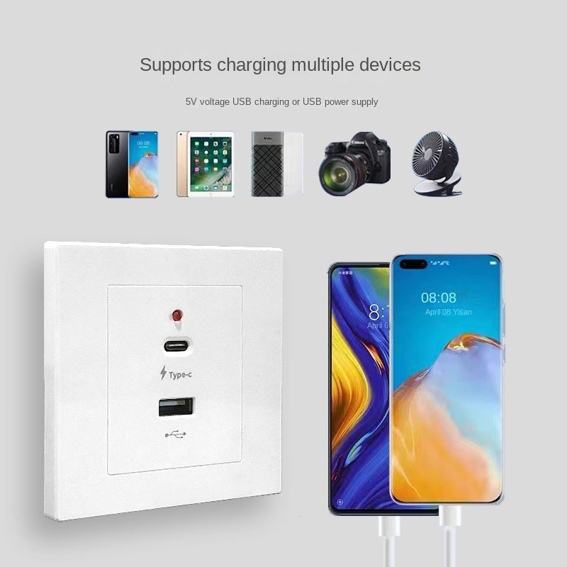 Universal 2-port Smart Fast Charging USB Wall Socket, 18W Type-c USB Plug Adapter, Wall-mounted UK 220V Electrical Socket