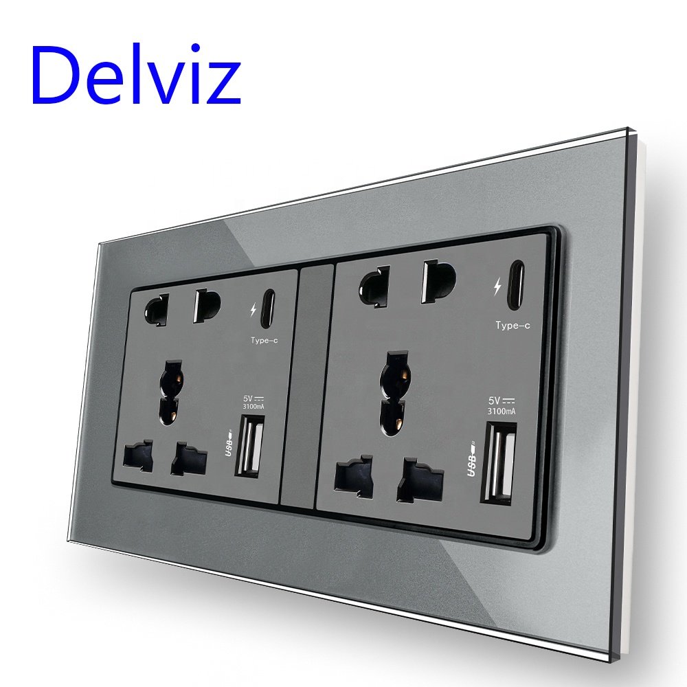 Delviz 5V USB port Outlet,Crystal Glass panel,13A Power plugs Universal Double sockets, 18W Type C USB Fast charging Wall Socket