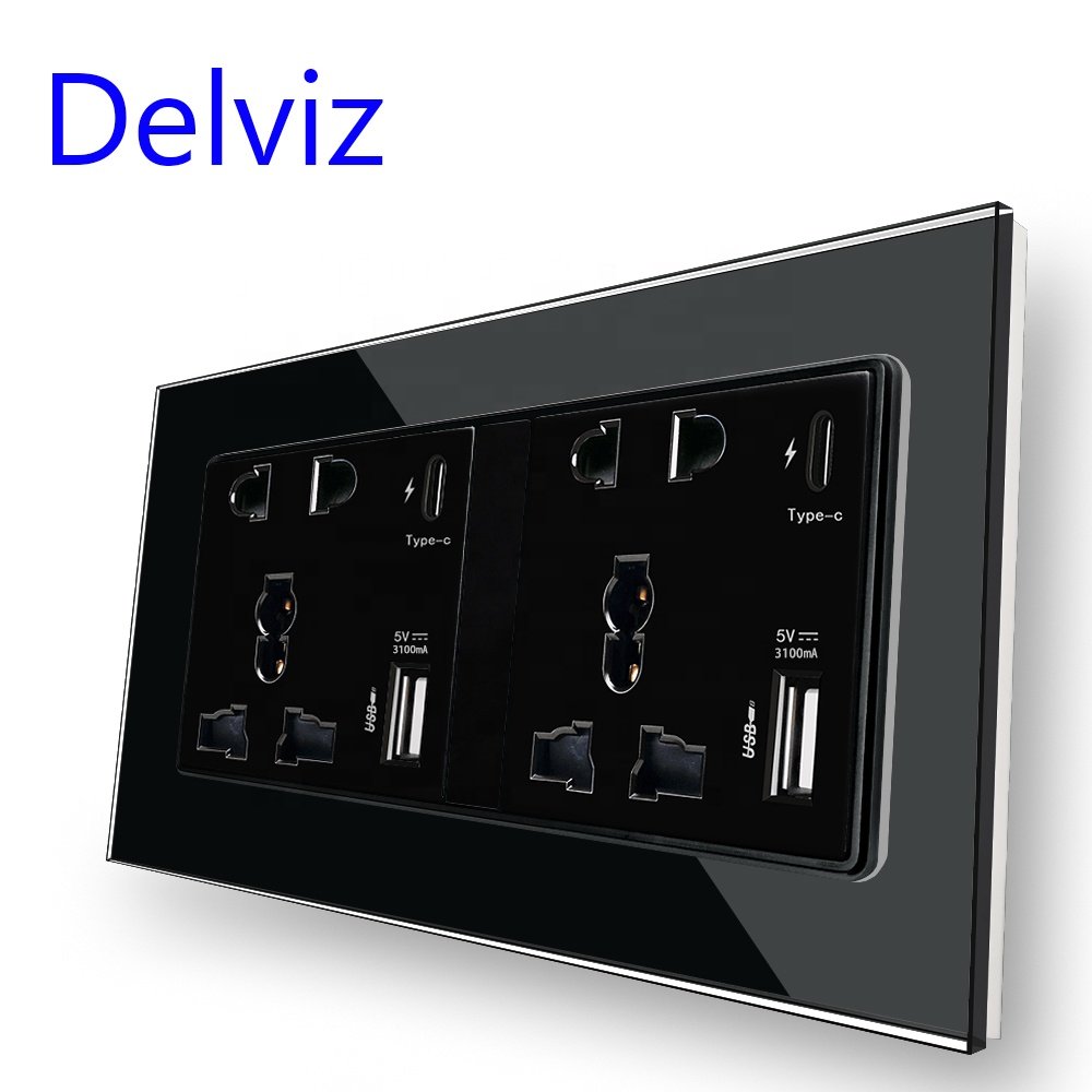 Delviz 5V USB port Outlet,Crystal Glass panel,13A Power plugs Universal Double sockets, 18W Type C USB Fast charging Wall Socket