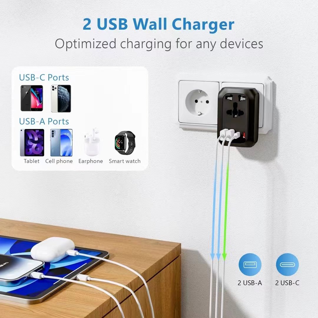 EU Travel Plug Adapter Universal Power Outlet Adapter with 2 USB 2 Type C Charger from USA to Most of EU Germany France Spain
