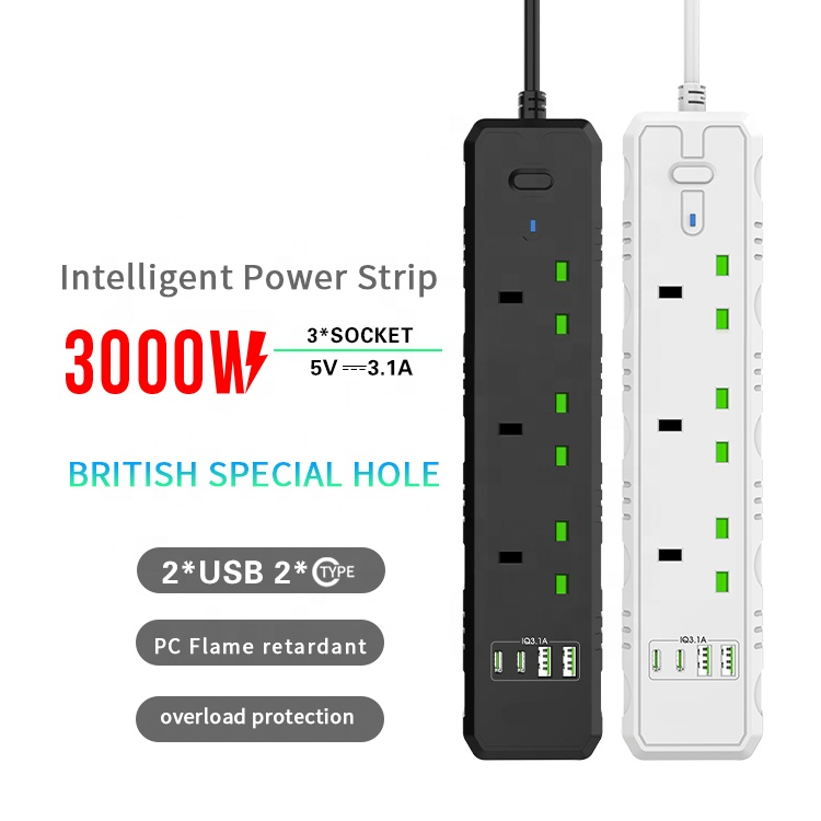 Overload Protection Usb C Power Strip 3 Way Uk Plug Extension Socket With Type C
