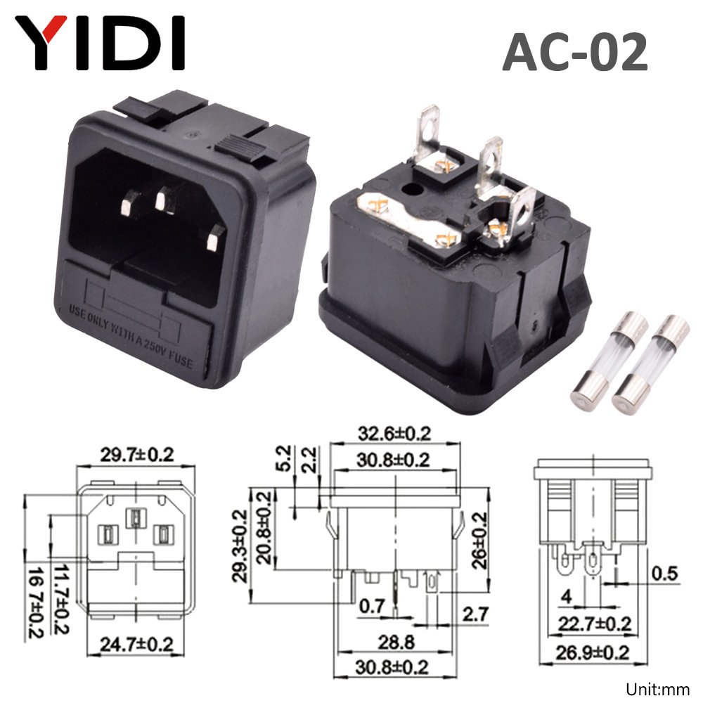 10A 250VAC IEC320 C13 C14 Female Male Panel Mount AC Power Connector Adapter 3 Pin AC Inlet Socket Industrial Plug with Fuse