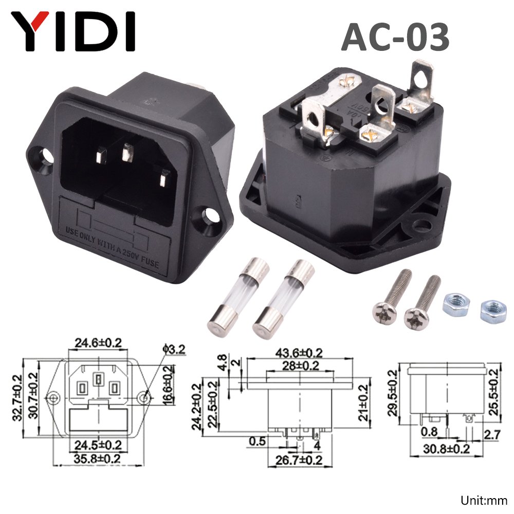 10A 250VAC IEC320 C13 C14 Female Male Panel Mount AC Power Connector Adapter 3 Pin AC Inlet Socket Industrial Plug with Fuse