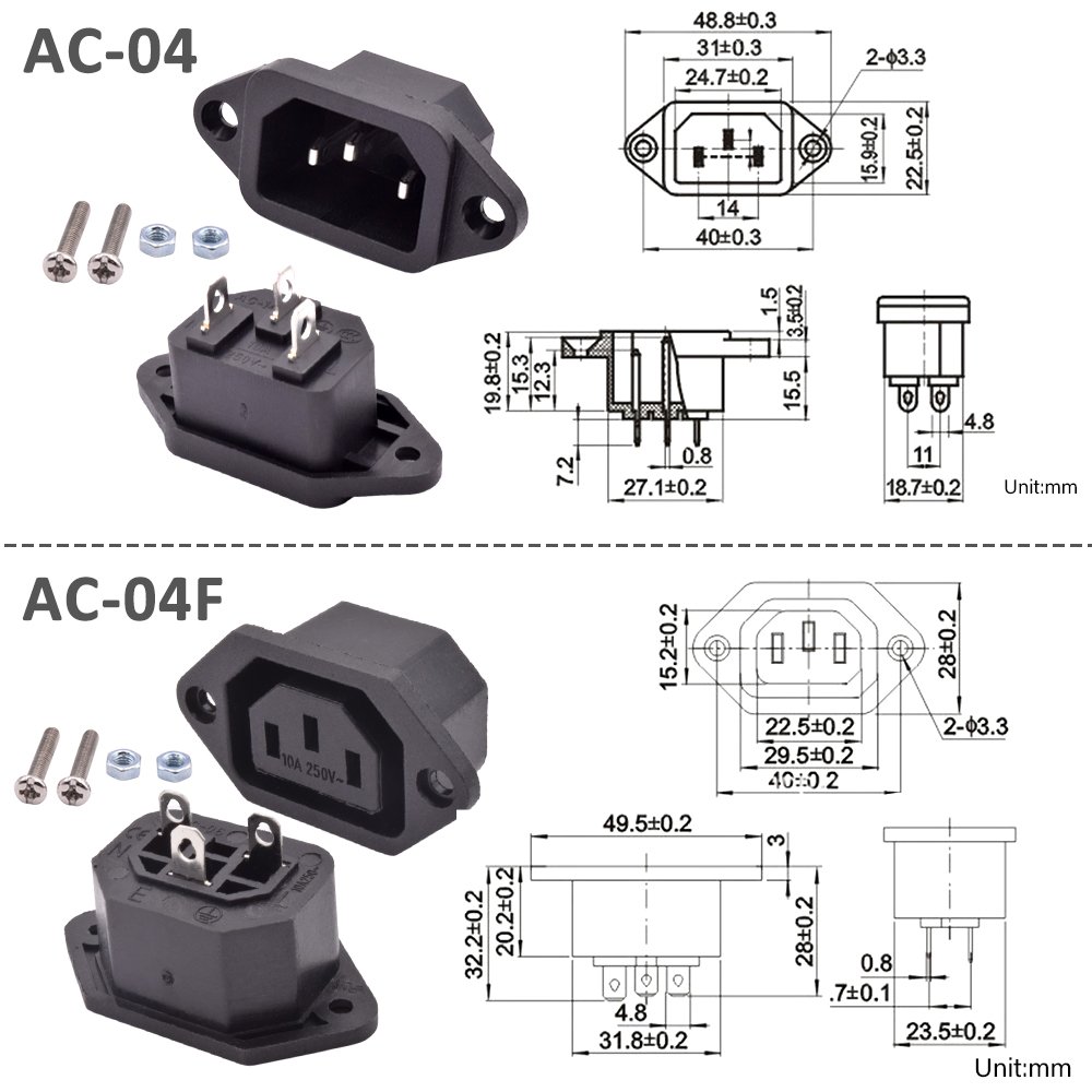 10A 250VAC IEC320 C13 C14 Female Male Panel Mount AC Power Connector Adapter 3 Pin AC Inlet Socket Industrial Plug with Fuse