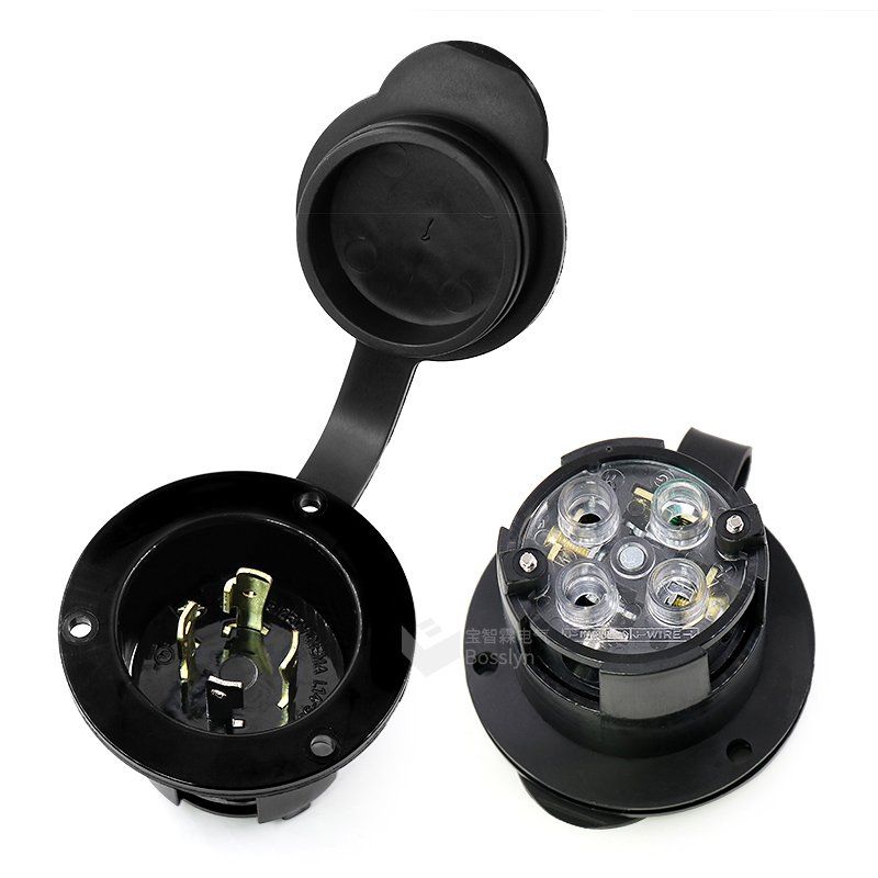 Black NEMA L14-30 Flanged Inlet Generator Plug With Waterproof Cover, 30A 125/250 Volt, Locking Receptacle Socket