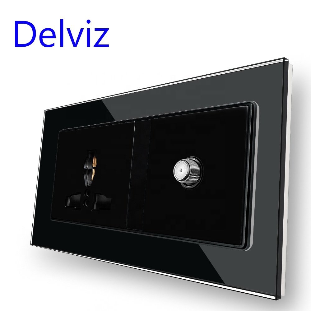 Delviz White Crystal glass Panel, Satellite interface, plug jacks Electric power Outlet, 16A International Universal Wall Socket