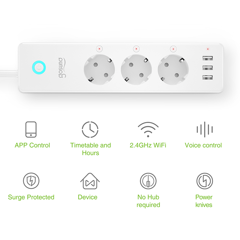 Original factory supply Gosund smart multi plug 3 AC outlet extender EU socket surge protector universal power strip