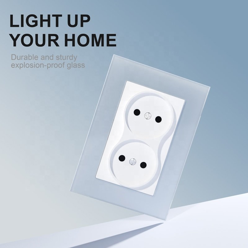 Tampered Glass Electrical Sockets EU Russia Double 2 Pin Plug Socket 2P Wall Socket Without Grounding