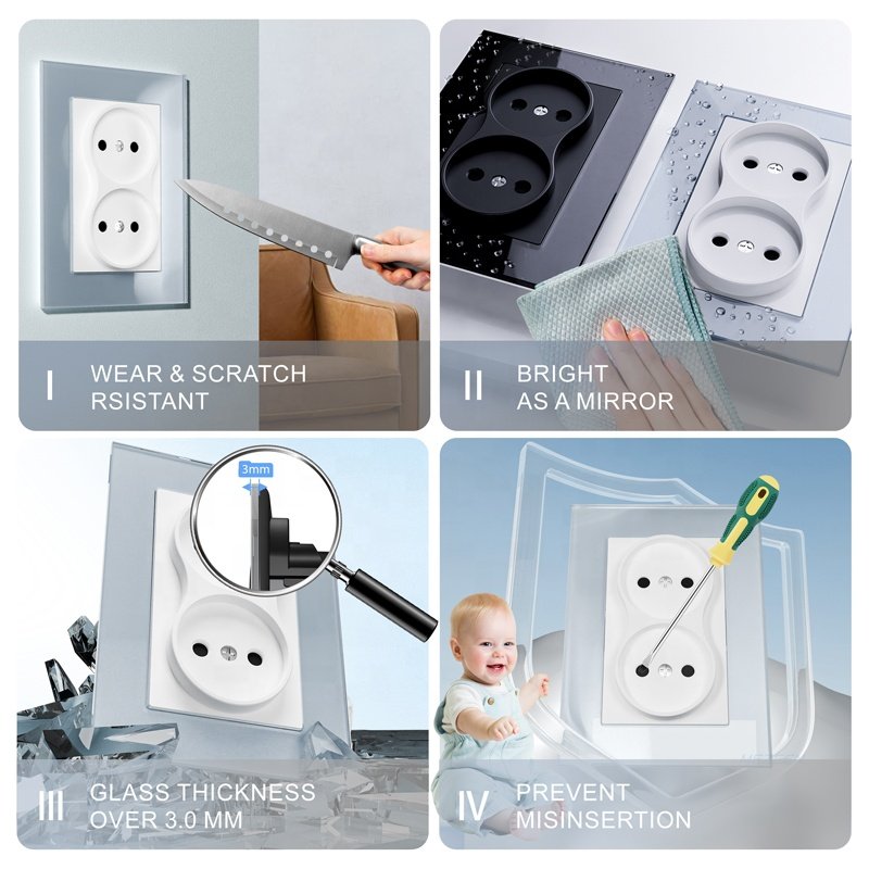 Tampered Glass Electrical Sockets EU Russia Double 2 Pin Plug Socket 2P Wall Socket Without Grounding