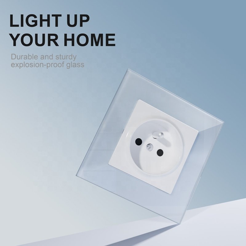 Electrical Plug Socket EU Luxury Glass Panel Design French Socket 2P+T Standard Grounding Wall Socket