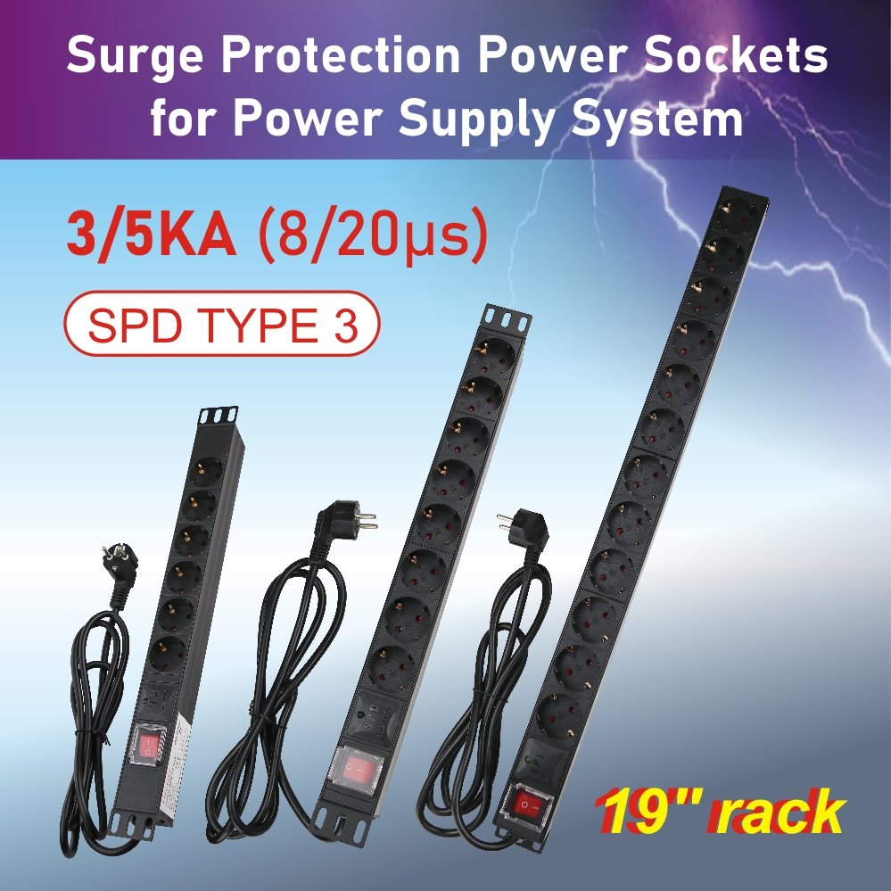 Telebahn 110V-250V 10A-16A 19'' PDU 6/8/12 Outlets SPD Surge Protector Power Strip USA/EU/UK/CN/ZA Extension Plug Socket