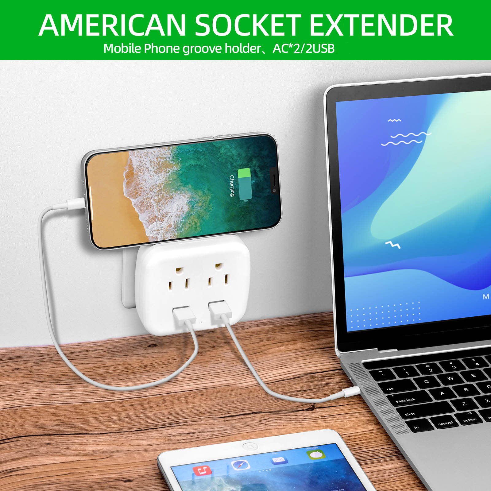 Multi Plug Outlet extender with 2 Electrical socket extender Adapter Wall socket outlet with 2USB ports