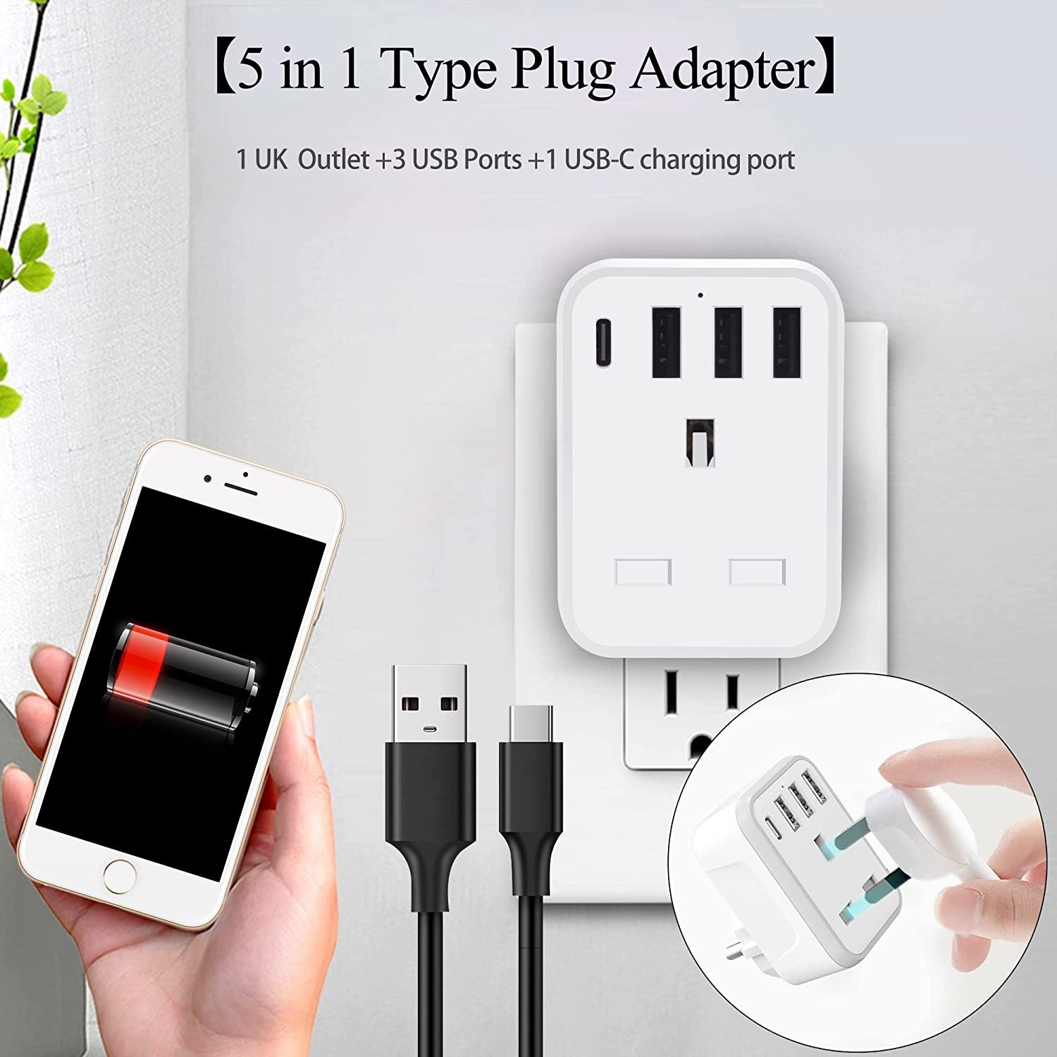 UK to European Plug Adapter Grounded European Travel Adapter with Smart 3 USB Ports and 1 Type C for Germany France (Type E/F)